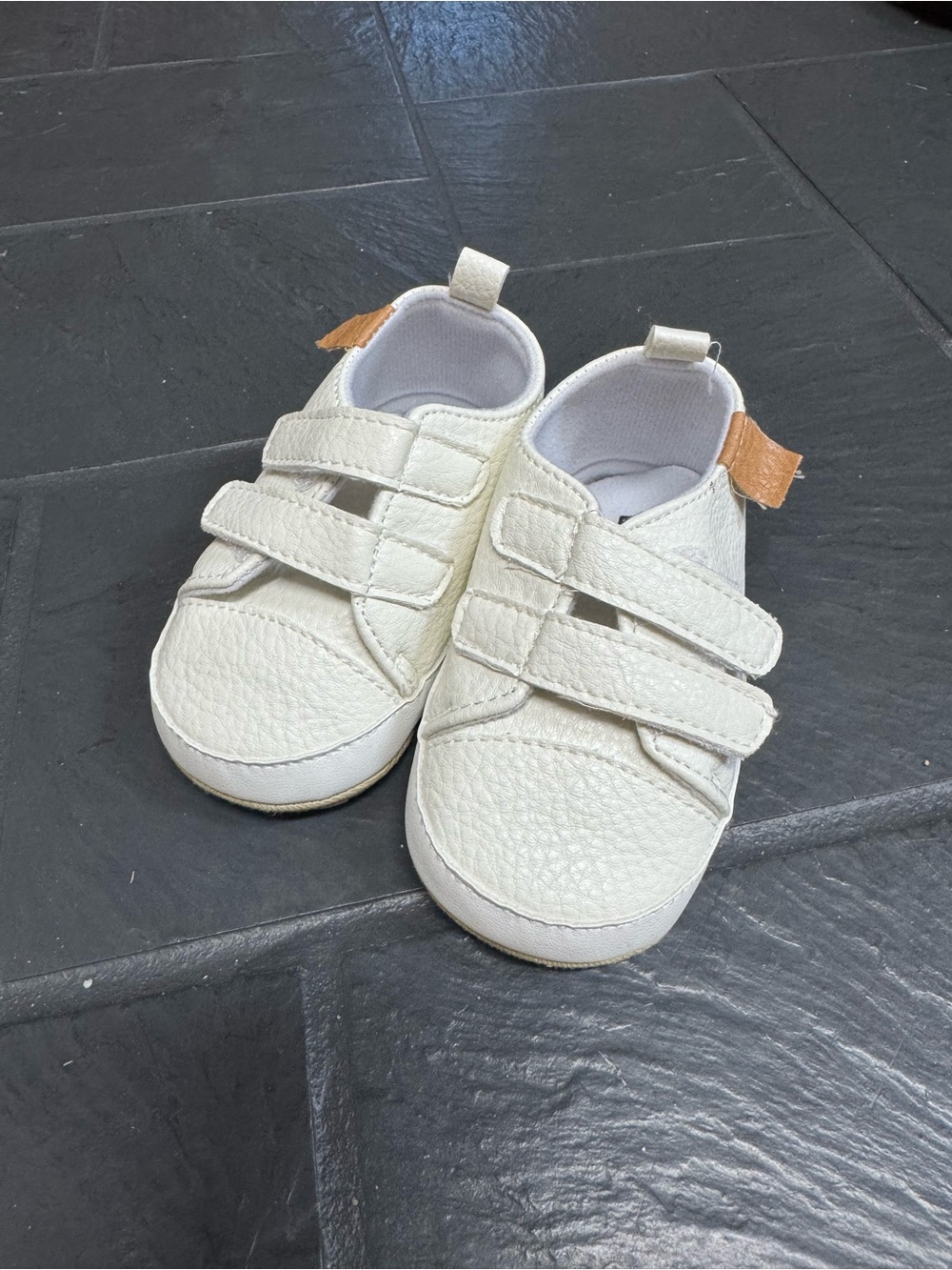 Amazon Cream Velcro Baby Sneakers with Tan Pull Tabs